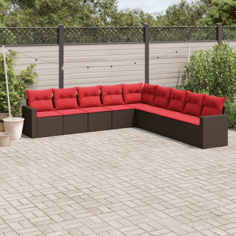 9-tlg. Garten-Sofagarnitur mit Kissen Braun Poly Rattan