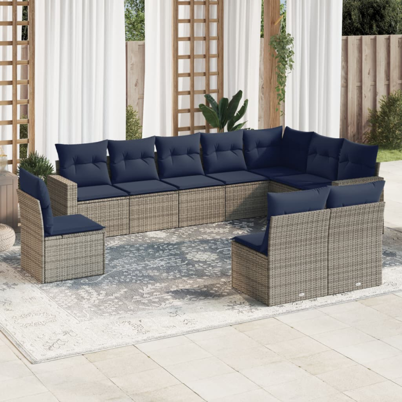 10-tlg. Garten-Sofagarnitur mit Kissen Grau Poly Rattan