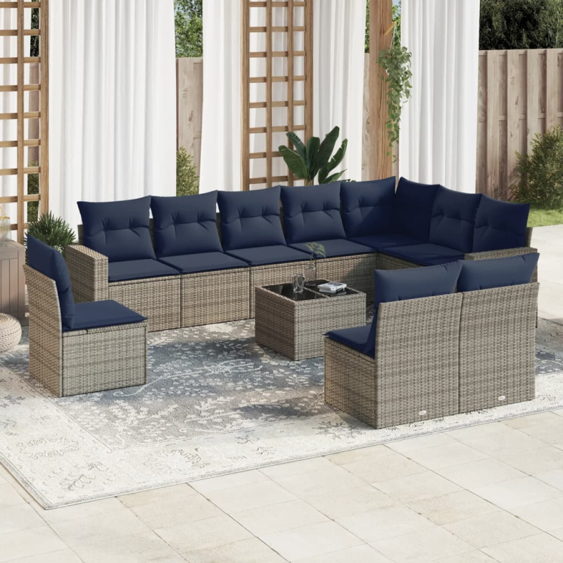 11-tlg. Garten-Sofagarnitur mit Kissen Grau Poly Rattan