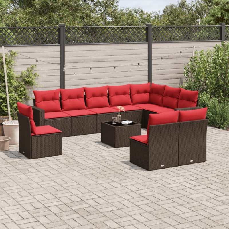11-tlg. Garten-Sofagarnitur mit Kissen Braun Poly Rattan