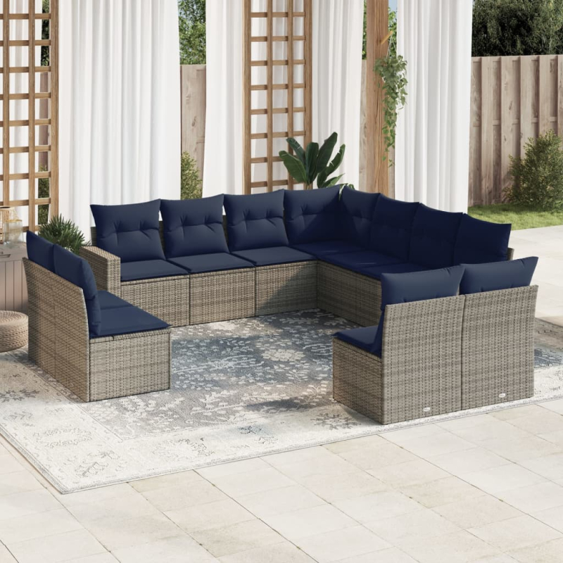 11-tlg. Garten-Sofagarnitur mit Kissen Grau Poly Rattan