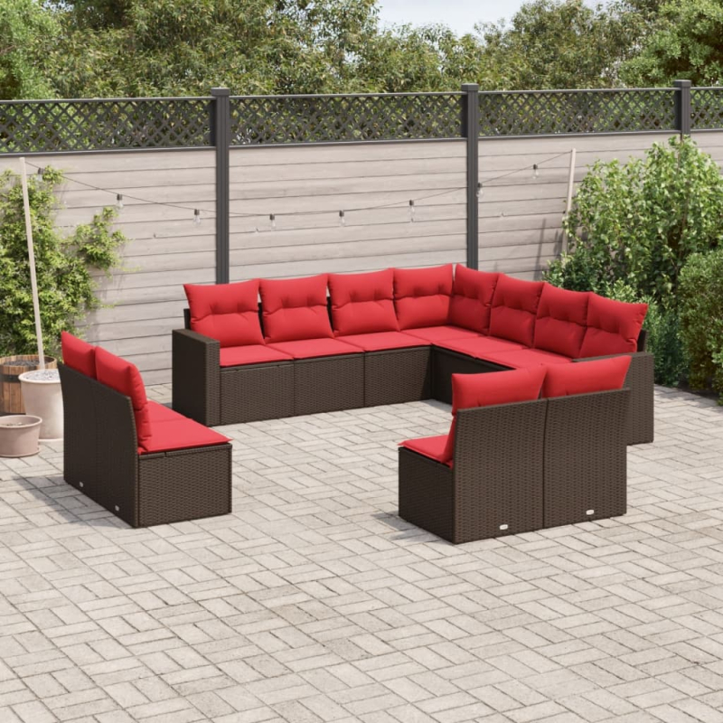 11-tlg. Garten-Sofagarnitur mit Kissen Braun Poly Rattan