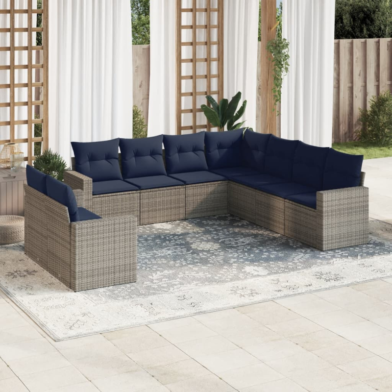 9-tlg. Garten-Sofagarnitur mit Kissen Grau Poly Rattan