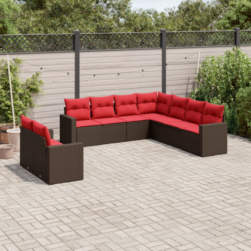 9-tlg. Garten-Sofagarnitur mit Kissen Braun Poly Rattan