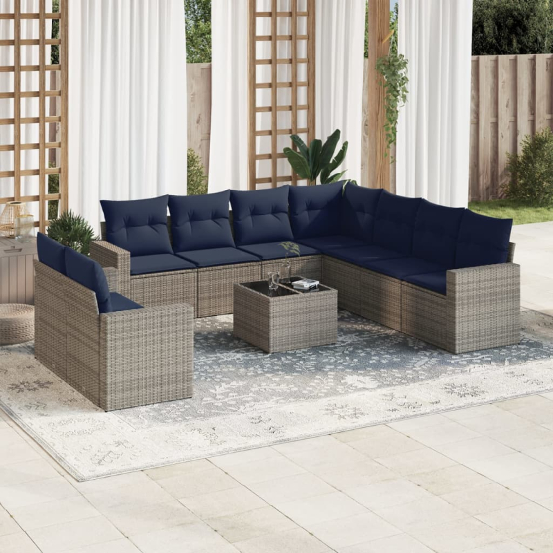 10-tlg. Garten-Sofagarnitur mit Kissen Grau Poly Rattan