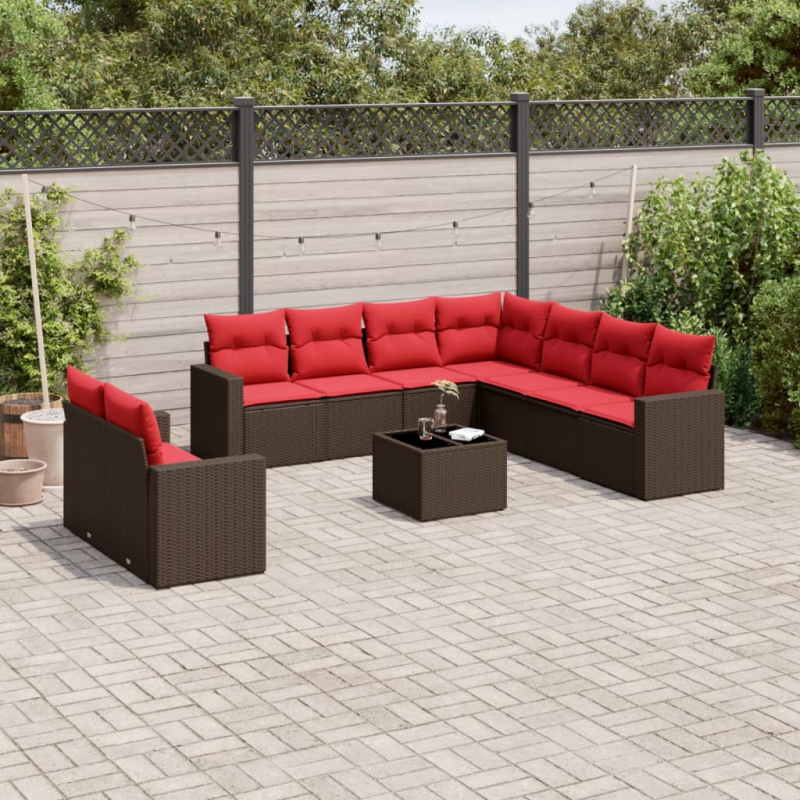 10-tlg. Garten-Sofagarnitur mit Kissen Braun Poly Rattan