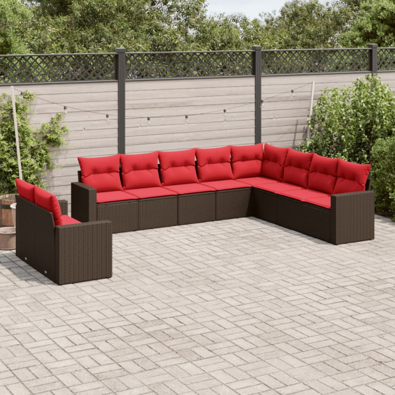 10-tlg. Garten-Sofagarnitur mit Kissen Braun Poly Rattan