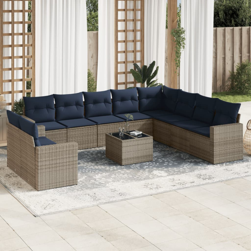 11-tlg. Garten-Sofagarnitur mit Kissen Grau Poly Rattan
