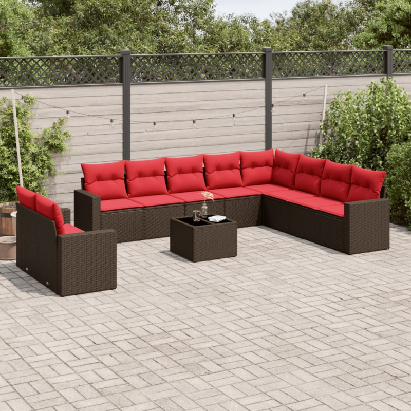 11-tlg. Garten-Sofagarnitur mit Kissen Braun Poly Rattan