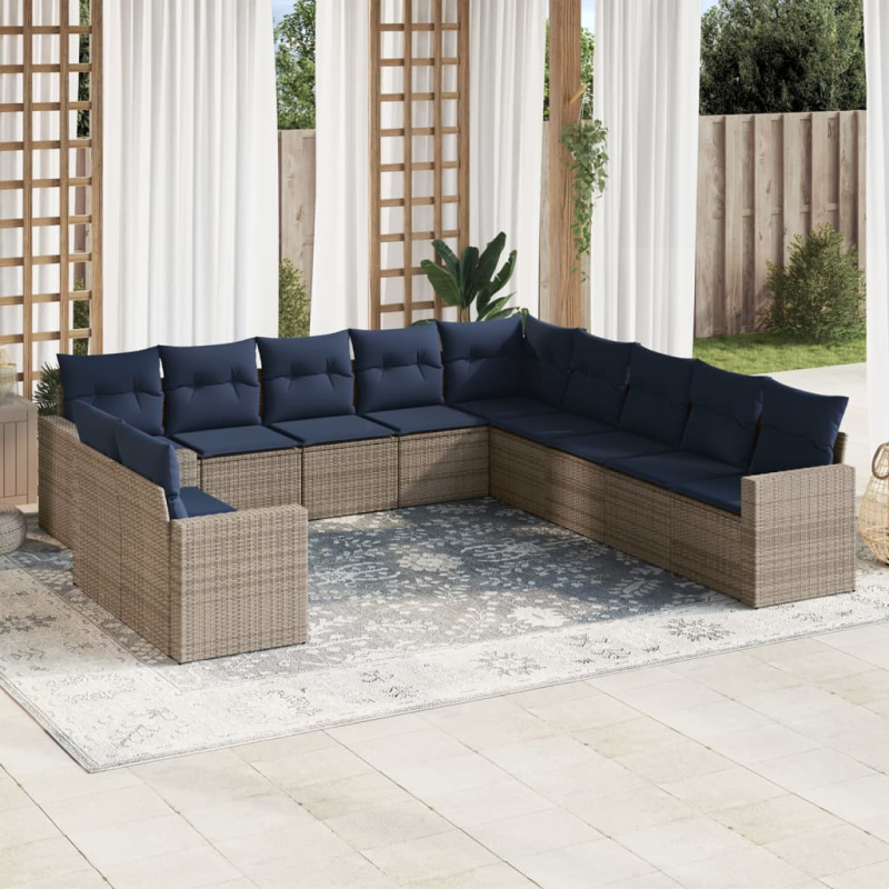 11-tlg. Garten-Sofagarnitur mit Kissen Grau Poly Rattan