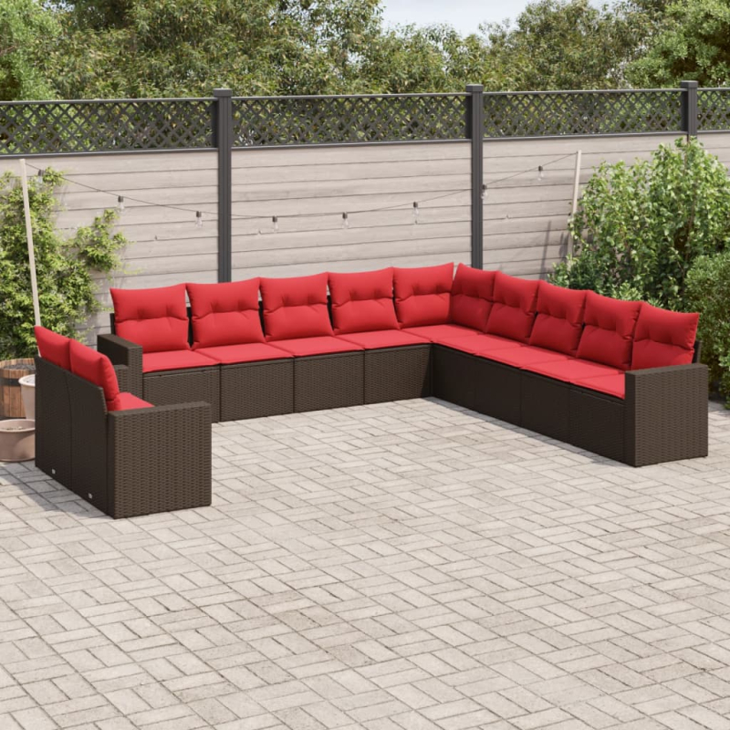 11-tlg. Garten-Sofagarnitur mit Kissen Braun Poly Rattan