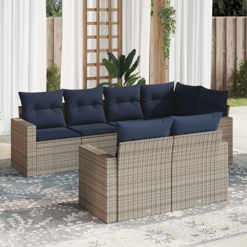 7-tlg. Garten-Sofagarnitur mit Kissen Grau Poly Rattan