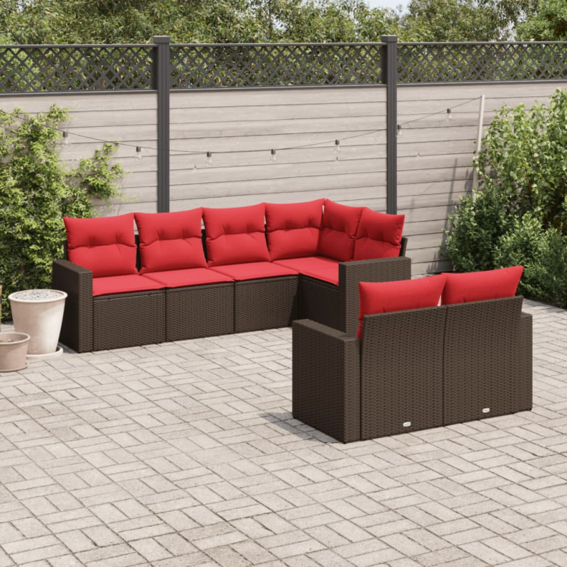 7-tlg. Garten-Sofagarnitur mit Kissen Braun Poly Rattan