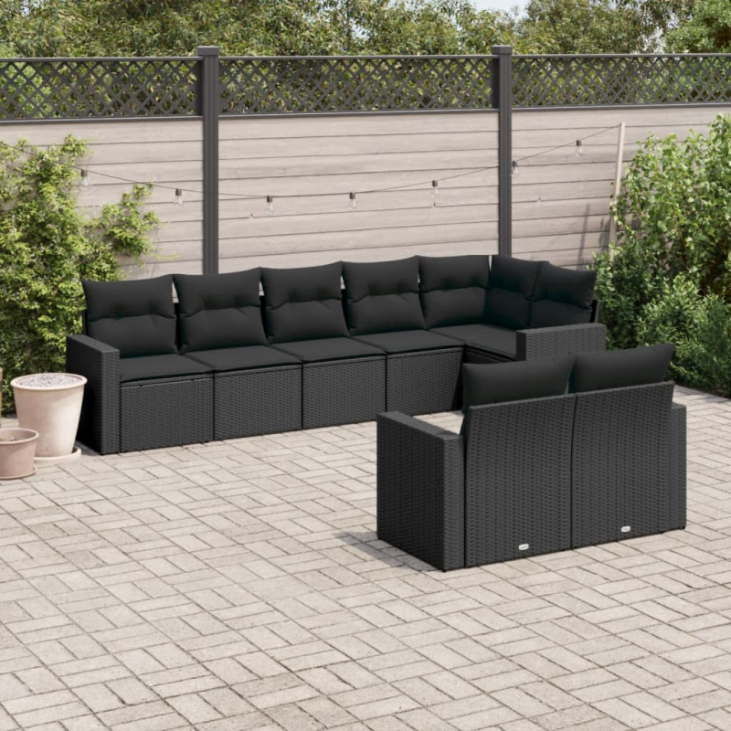 8-tlg. Garten-Sofagarnitur mit Kissen Schwarz Poly Rattan