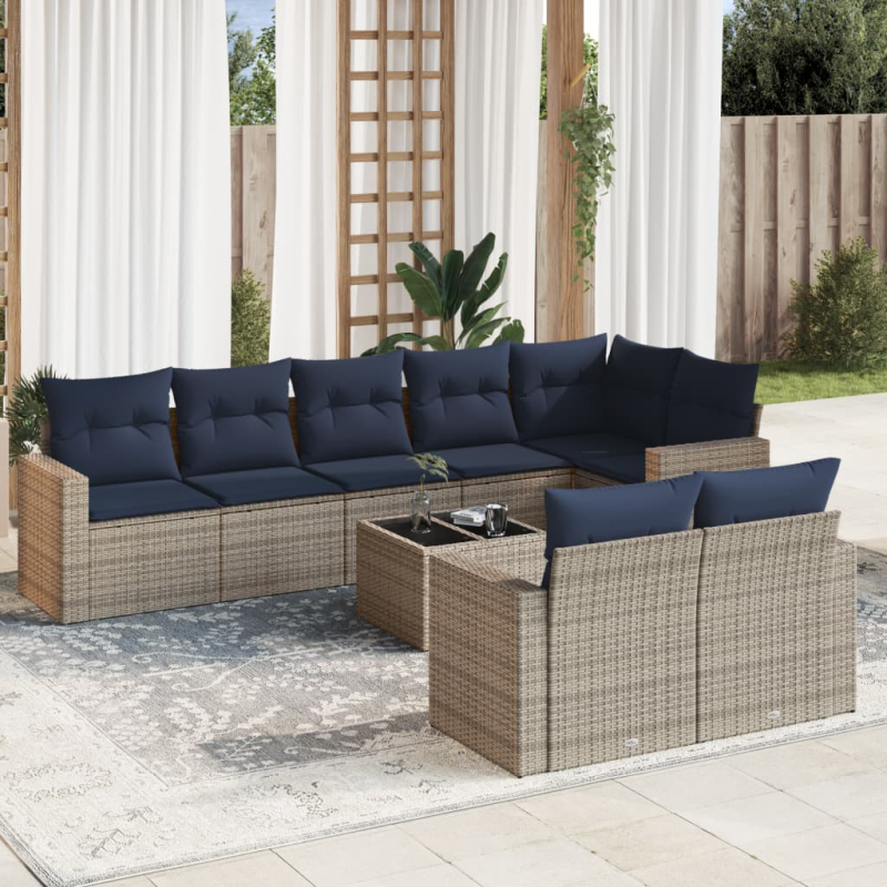 9-tlg. Garten-Sofagarnitur mit Kissen Grau Poly Rattan