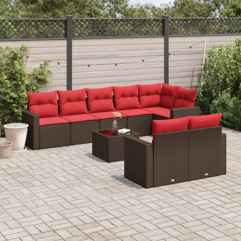 9-tlg. Garten-Sofagarnitur mit Kissen Braun Poly Rattan