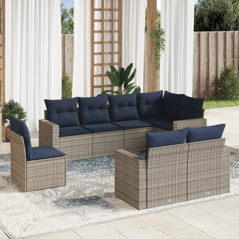 8-tlg. Garten-Sofagarnitur mit Kissen Grau Poly Rattan