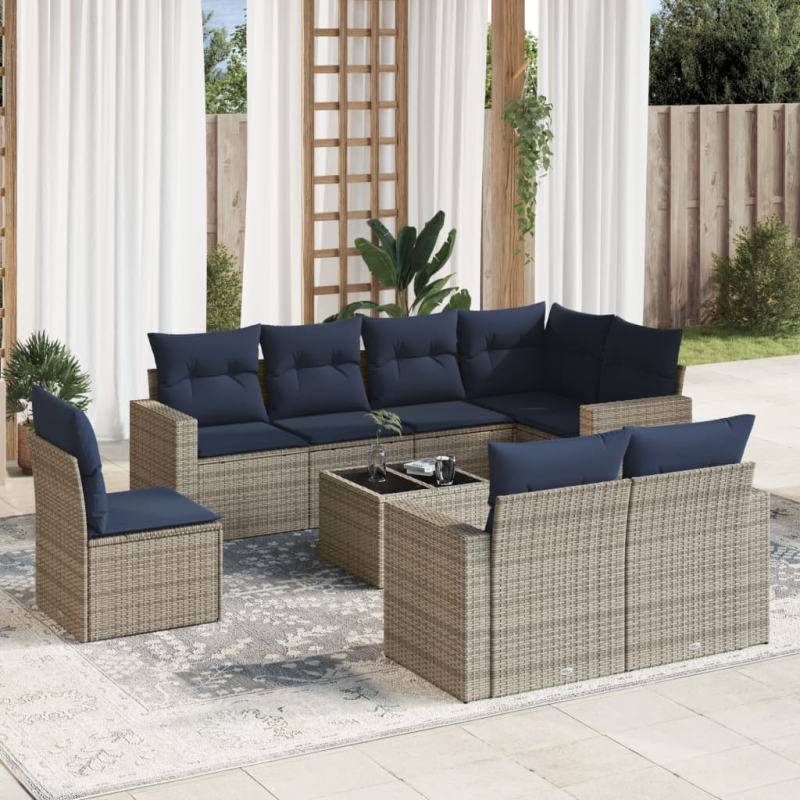 9-tlg. Garten-Sofagarnitur mit Kissen Grau Poly Rattan