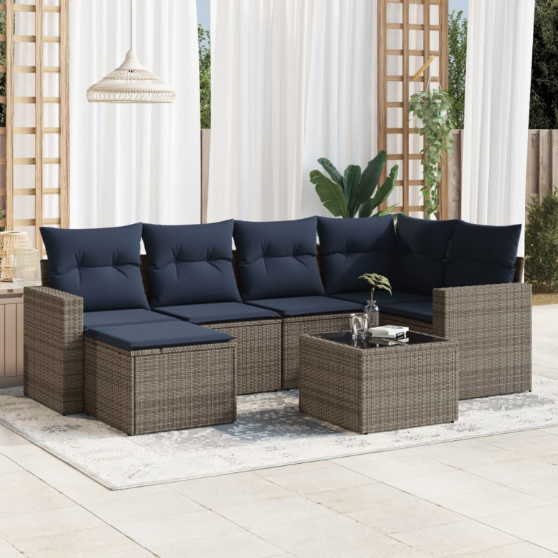 7-tlg. Garten-Sofagarnitur mit Kissen Grau Poly Rattan