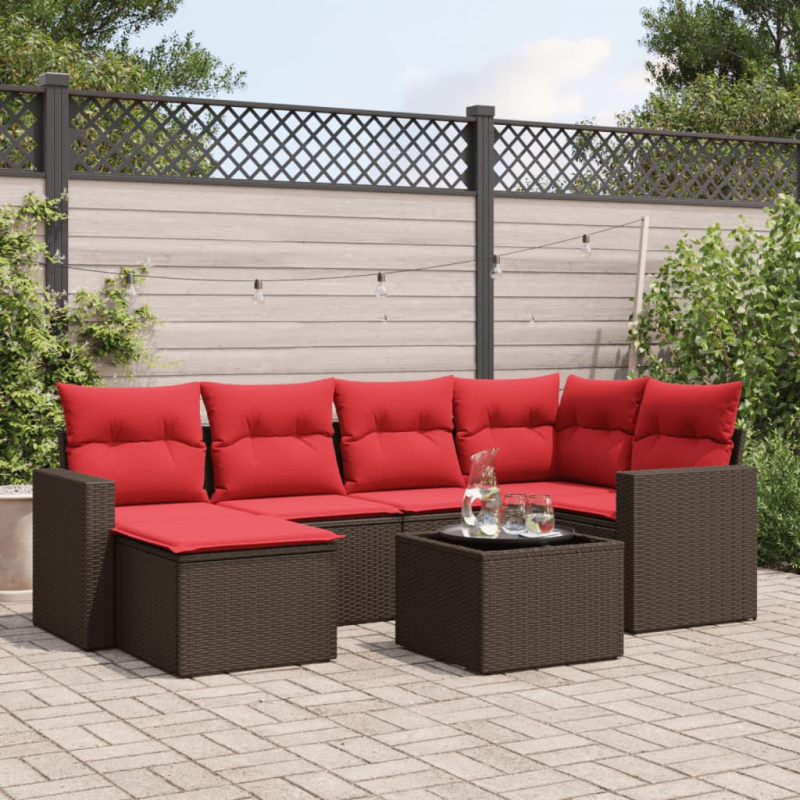 7-tlg. Garten-Sofagarnitur mit Kissen Braun Poly Rattan
