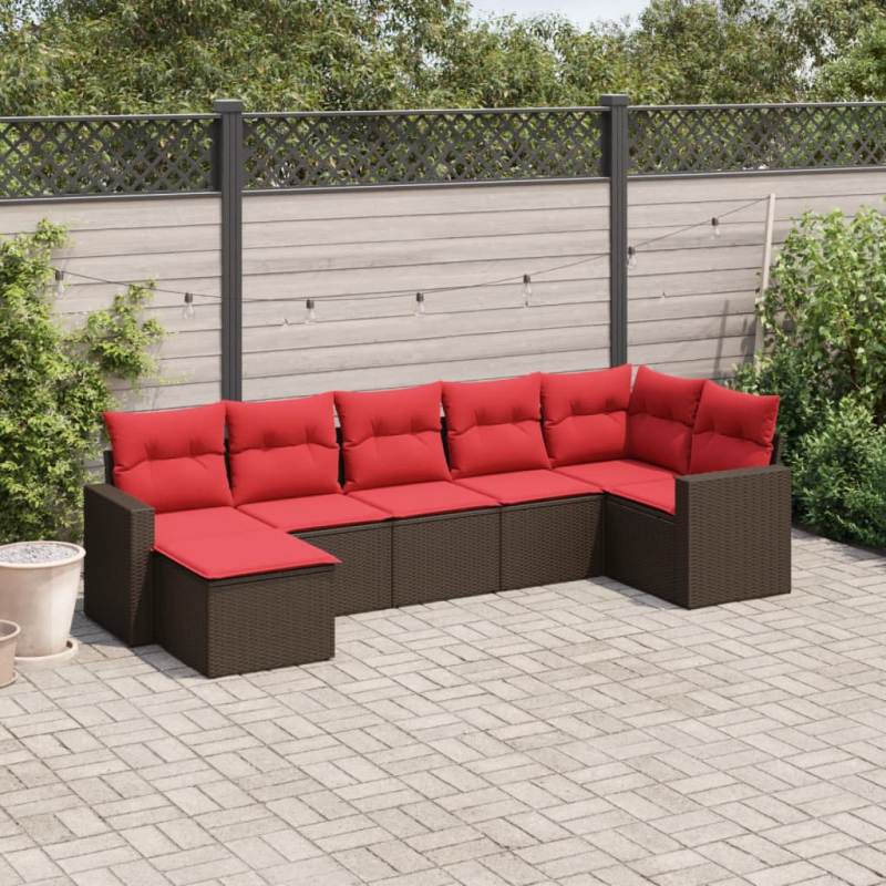 7-tlg. Garten-Sofagarnitur mit Kissen Braun Poly Rattan