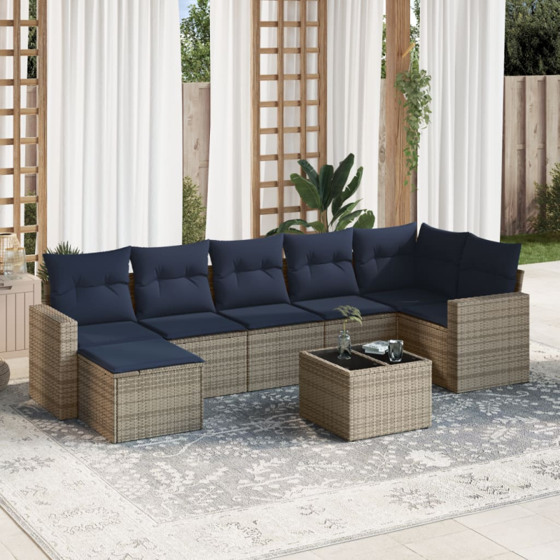 8-tlg. Garten-Sofagarnitur mit Kissen Grau Poly Rattan