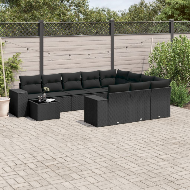 11-tlg. Garten-Sofagarnitur mit Kissen Schwarz Poly Rattan