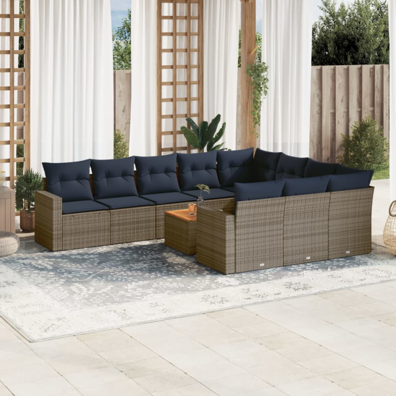 11-tlg. Garten-Sofagarnitur mit Kissen Grau Poly Rattan