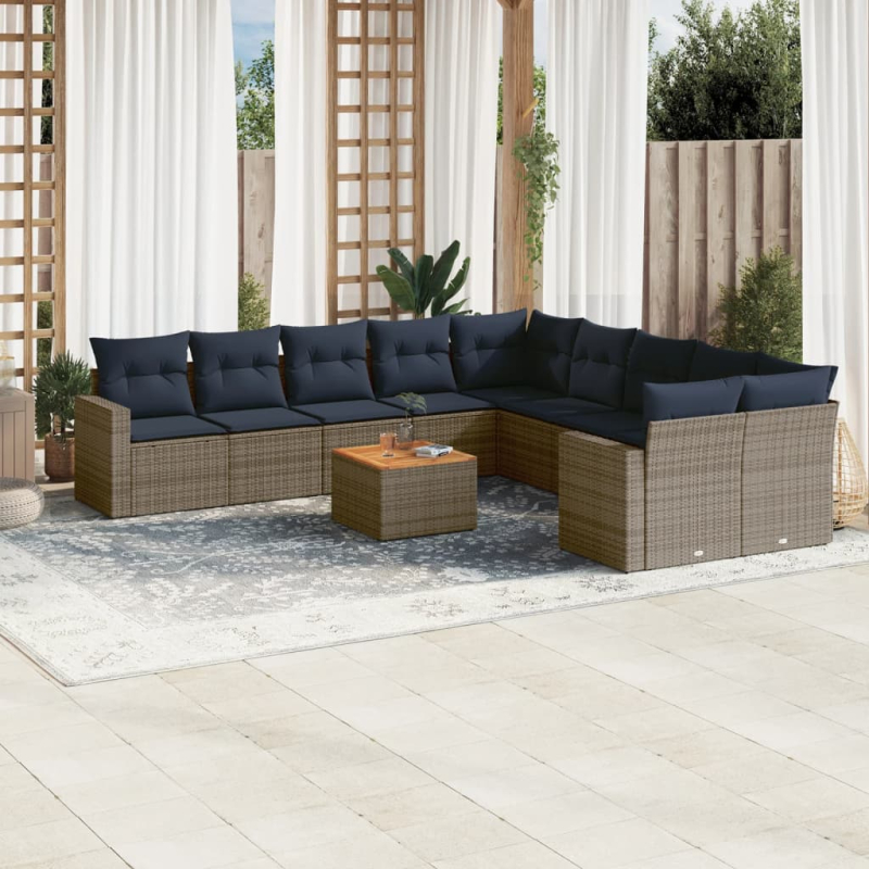 11-tlg. Garten-Sofagarnitur mit Kissen Grau Poly Rattan