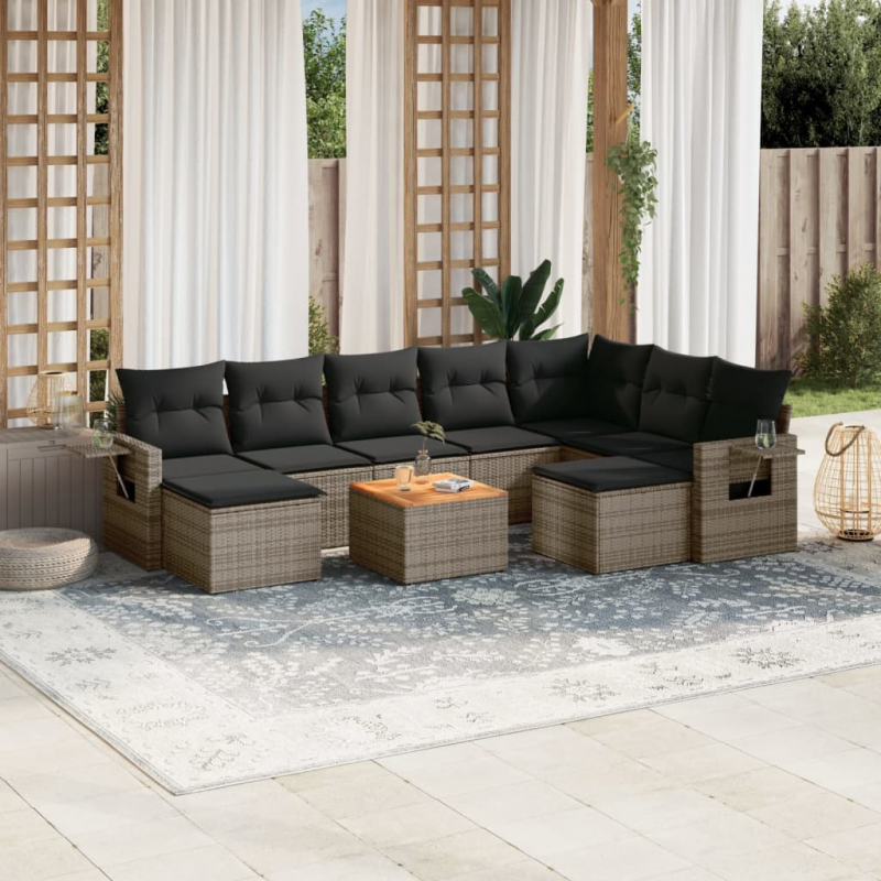 10-tlg. Garten-Sofagarnitur mit Kissen Grau Poly Rattan