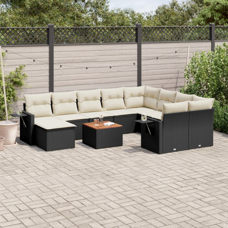 11-tlg. Garten-Sofagarnitur mit Kissen Schwarz Poly Rattan
