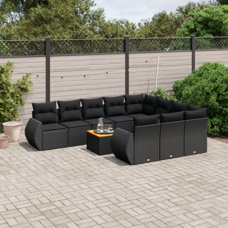 11-tlg. Garten-Sofagarnitur mit Kissen Schwarz Poly Rattan