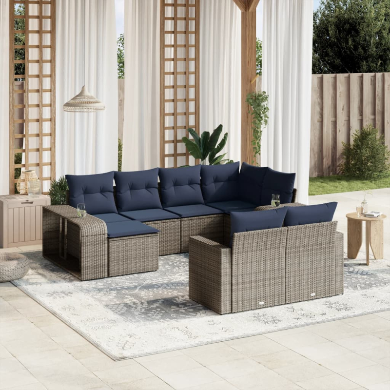 10-tlg. Garten-Sofagarnitur mit Kissen Grau Poly Rattan