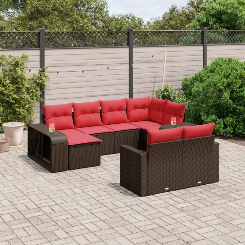 10-tlg. Garten-Sofagarnitur mit Kissen Braun Poly Rattan