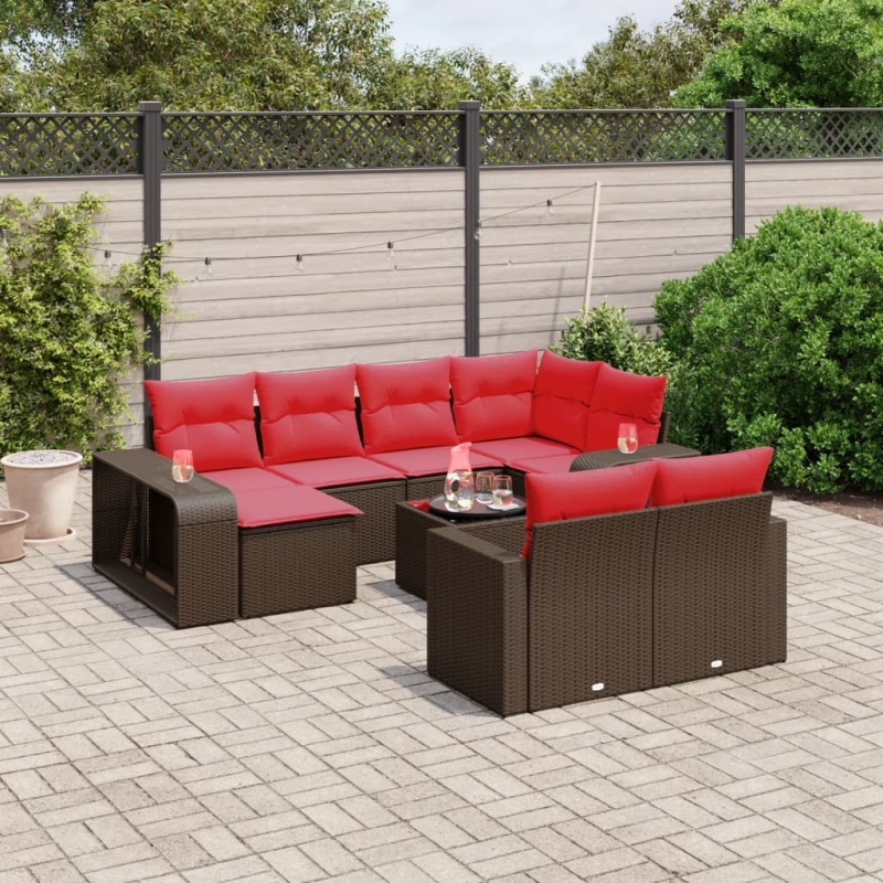 11-tlg. Garten-Sofagarnitur mit Kissen Braun Poly Rattan