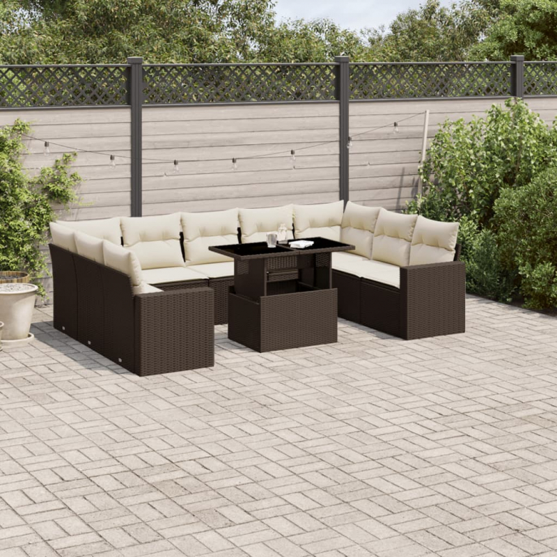 10-tlg. Garten-Sofagarnitur mit Kissen Braun Poly Rattan