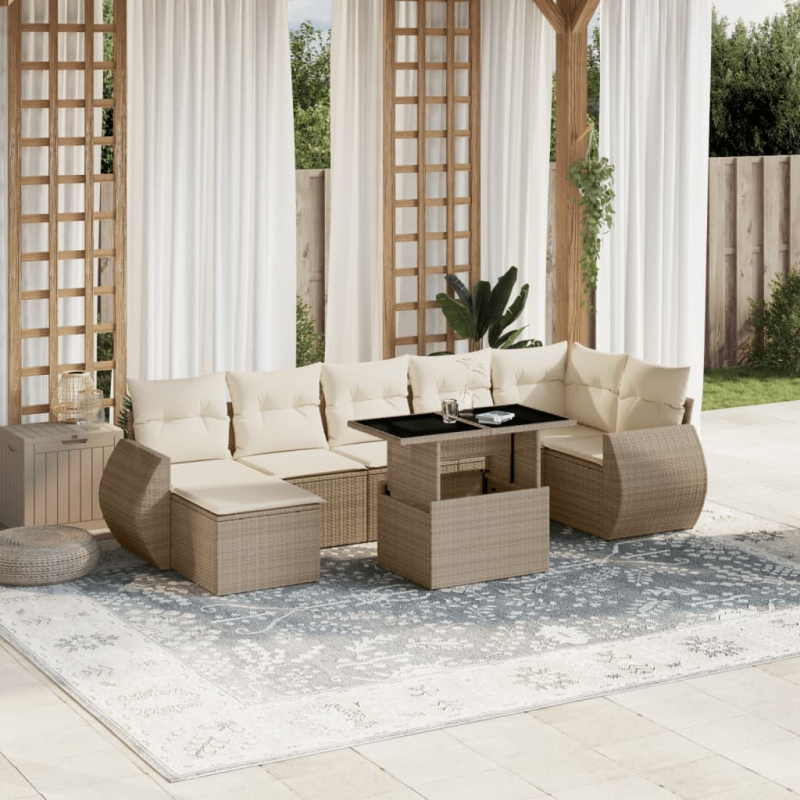 8-tlg. Garten-Sofagarnitur mit Kissen Beige Poly Rattan