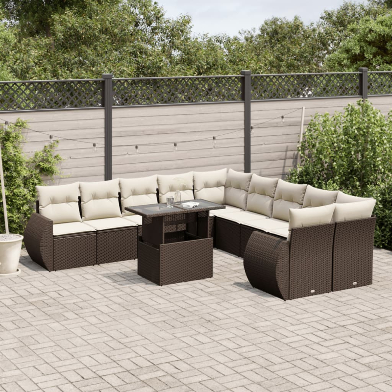 11-tlg. Garten-Sofagarnitur mit Kissen Braun Poly Rattan