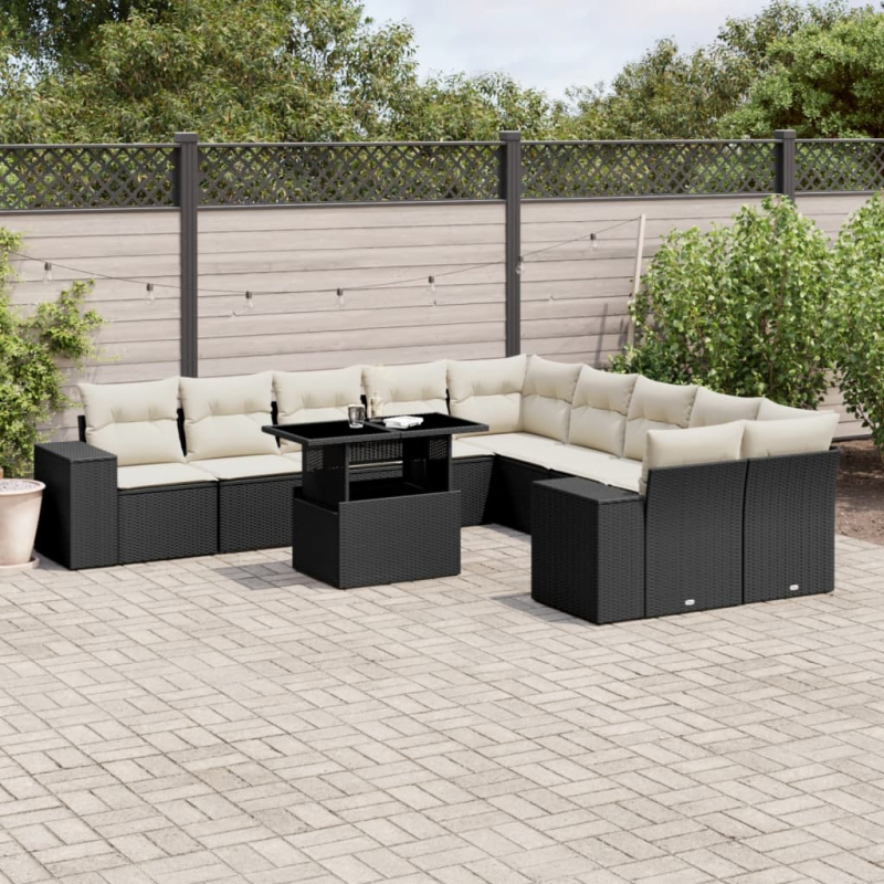 11-tlg. Garten-Sofagarnitur mit Kissen Schwarz Poly Rattan