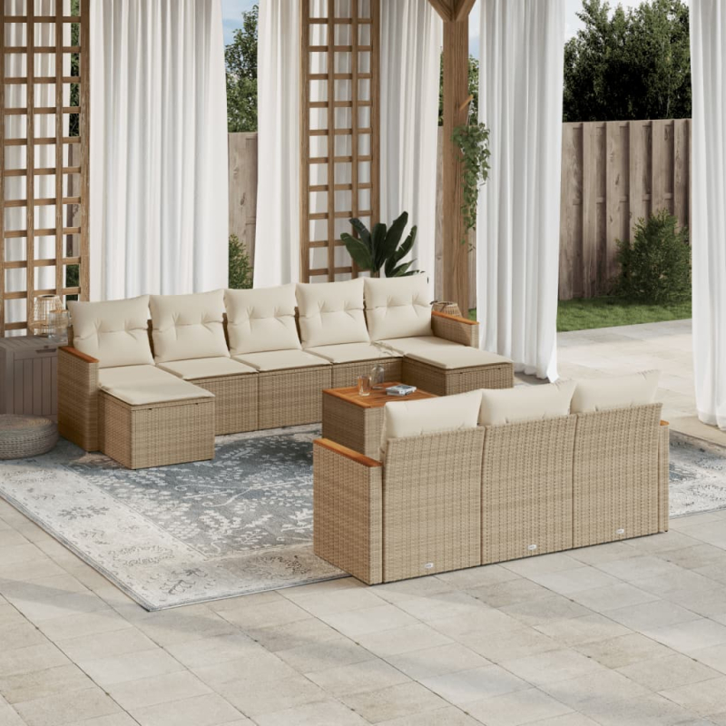 11-tlg. Garten-Sofagarnitur mit Kissen Beige Poly Rattan