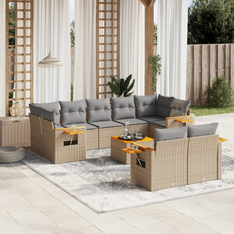 10-tlg. Garten-Sofagarnitur mit Kissen Beige Poly Rattan
