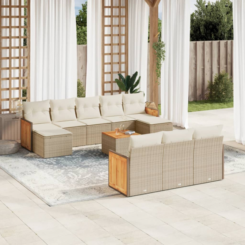 11-tlg. Garten-Sofagarnitur mit Kissen Beige Poly Rattan