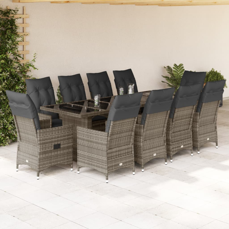 11-tlg. Garten-Bistro-Set mit Kissen Grau Poly Rattan