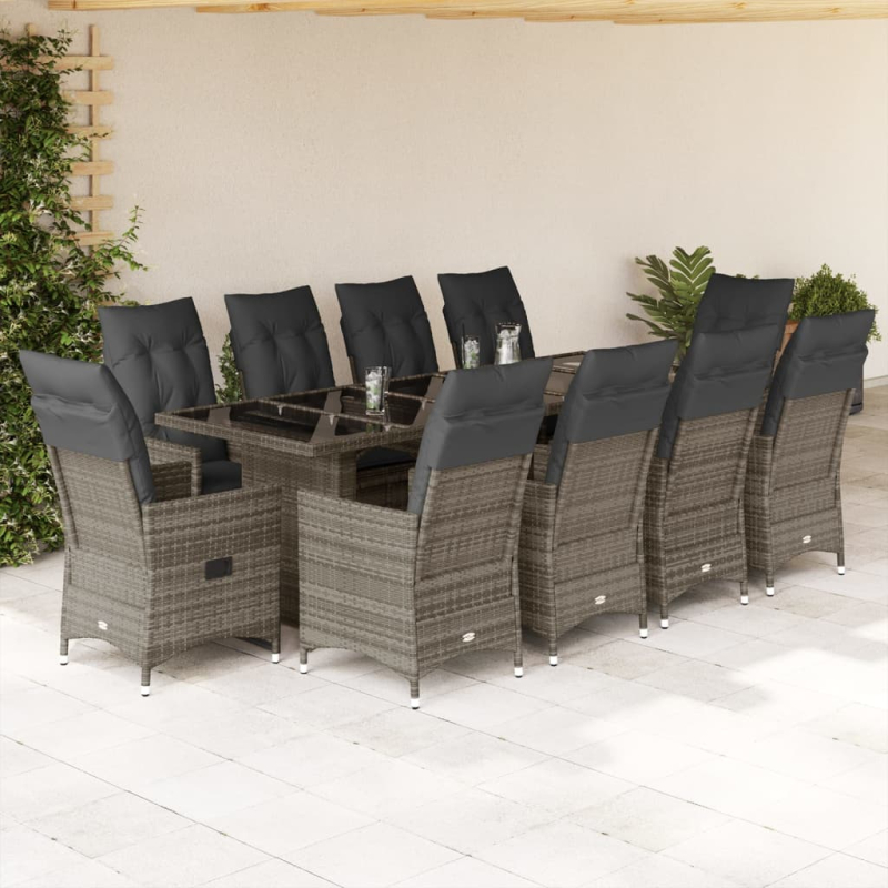 11-tlg. Garten-Bistro-Set mit Kissen Grau Poly Rattan