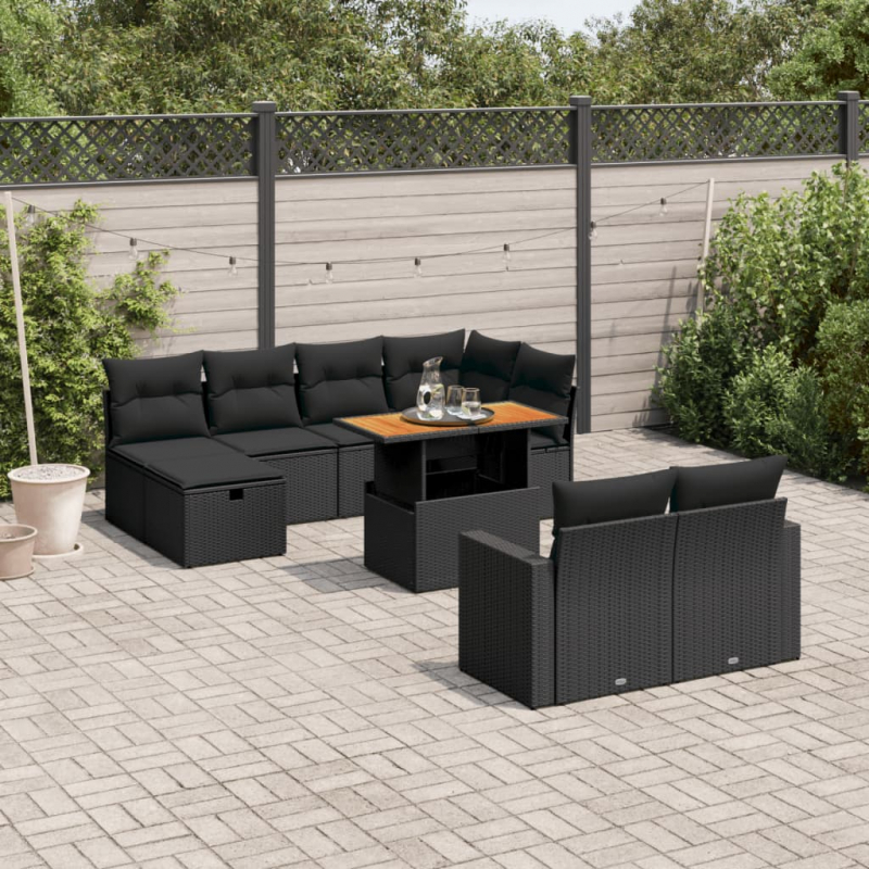 11-tlg. Garten-Sofagarnitur mit Kissen Schwarz Poly Rattan