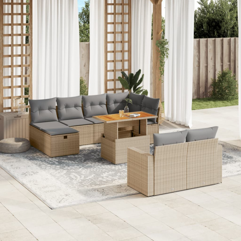 11-tlg. Garten-Sofagarnitur mit Kissen Beige Poly Rattan