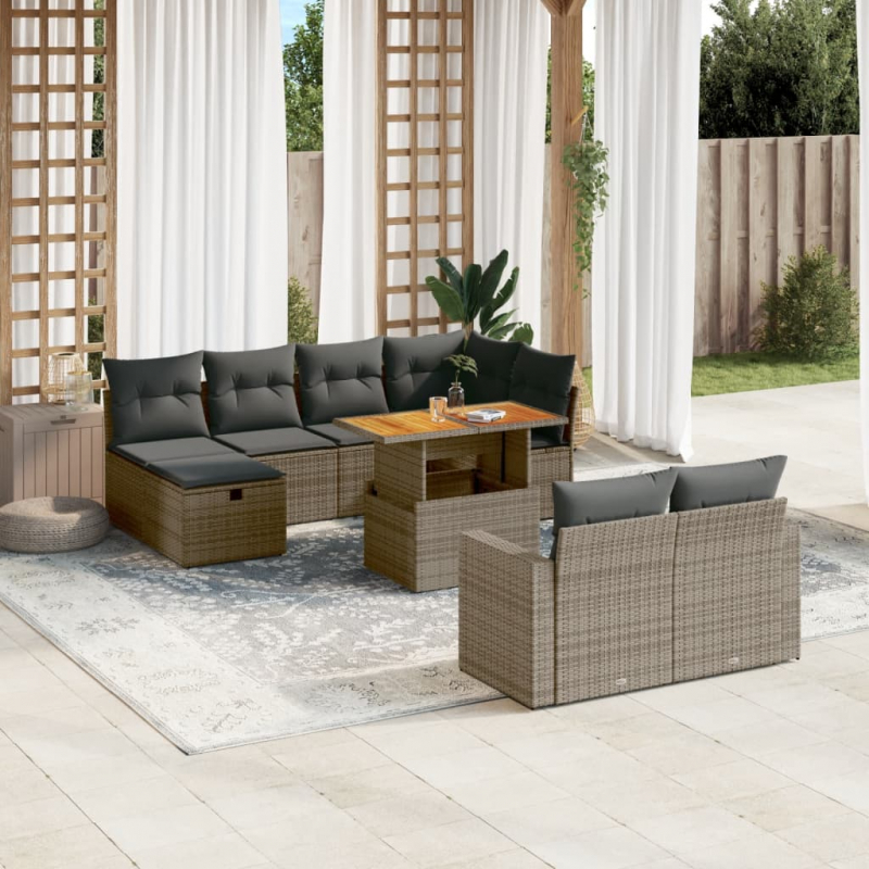11-tlg. Garten-Sofagarnitur mit Kissen Grau Poly Rattan