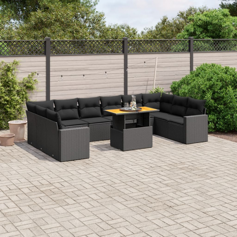 11-tlg. Garten-Sofagarnitur mit Kissen Schwarz Poly Rattan