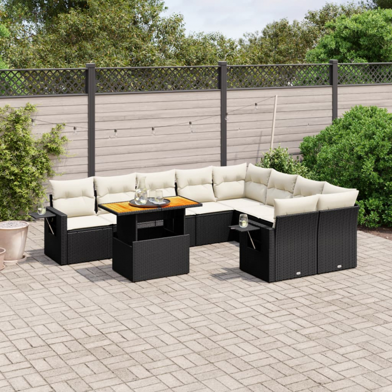 10-tlg. Garten-Sofagarnitur mit Kissen Schwarz Poly Rattan