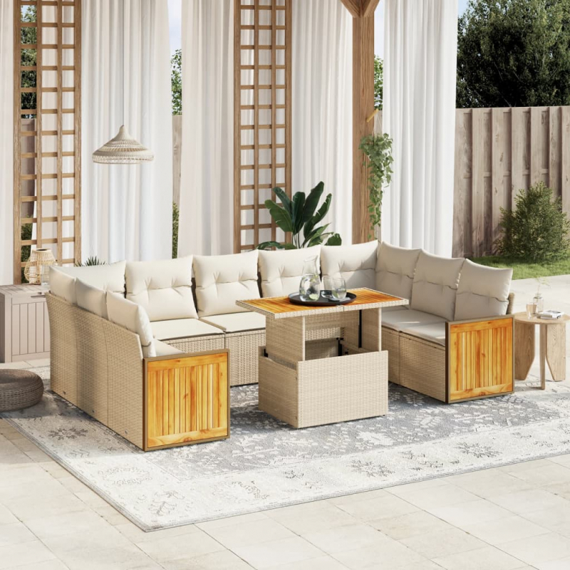 10-tlg. Garten-Sofagarnitur mit Kissen Beige Poly Rattan
